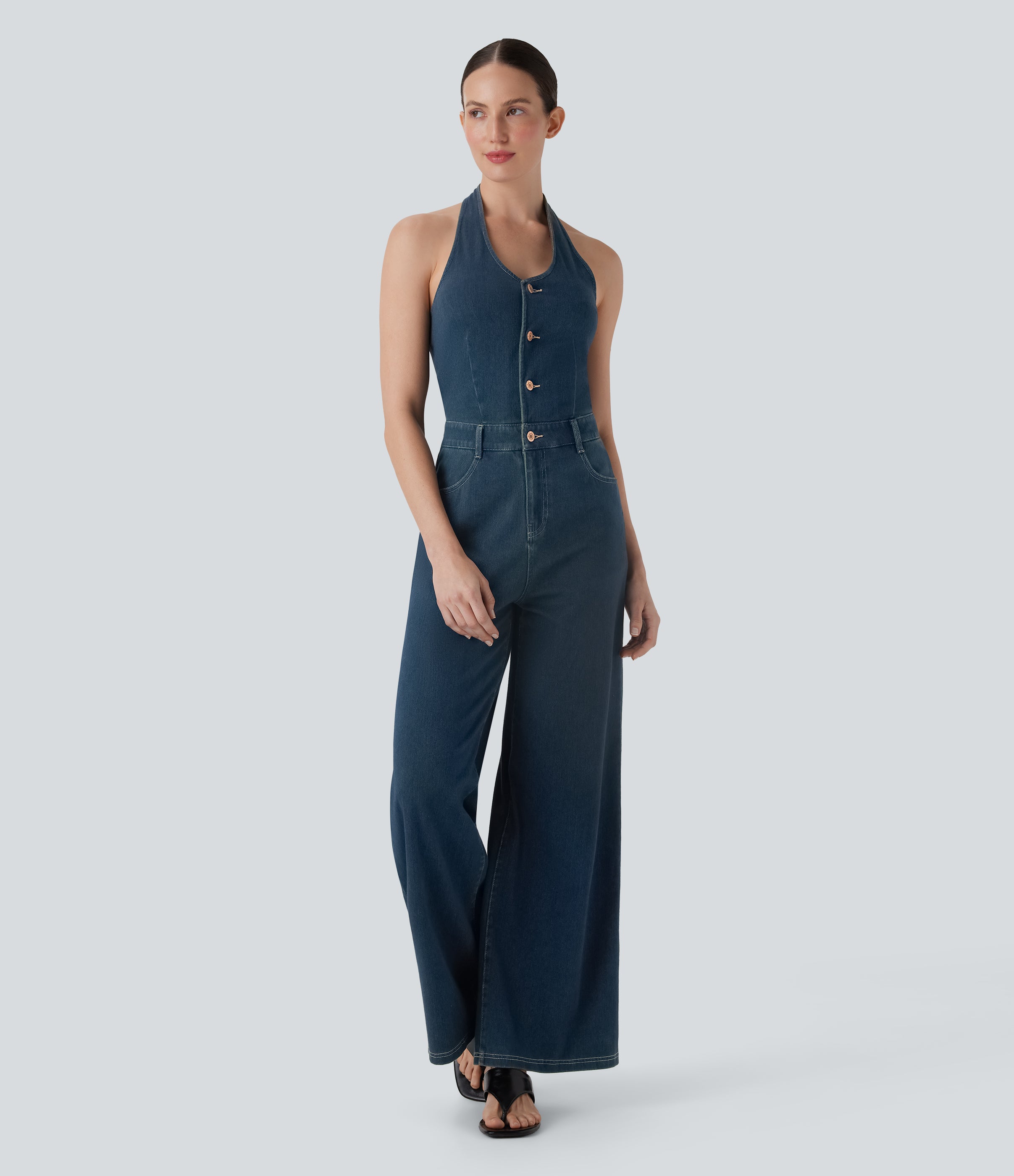 FlexTM Halter Wide Leg Denim Casual Jumpsuit with Pockets