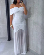Foldover Off Shoulder Ruched Cinched Waist Minimalist Evening Dress Slim Fit Mermaid Hem Party Dress