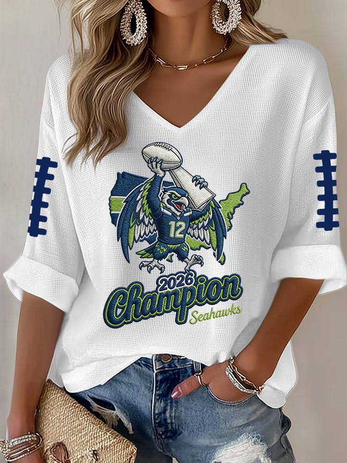 Women's Football Print Waffle Long Sleeve T-Shirt