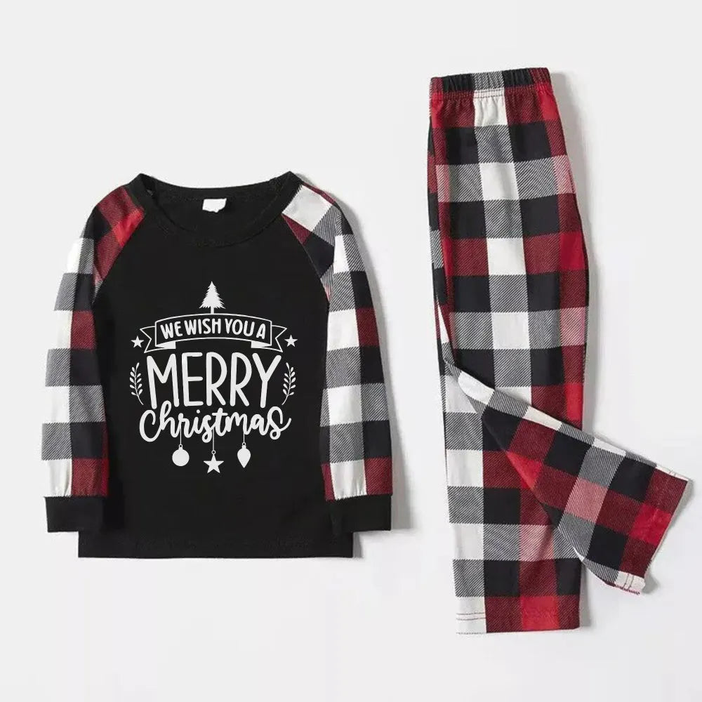 Christmas Family Matching Pajamas-Red and Gray Plaid Pjs set with "We Wish You A Merry Christmas" Print