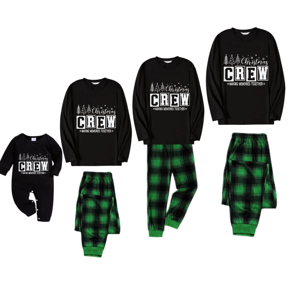Christmas Family Matching Pajamas-Black Top and Green Plaid Pants Pjs Set with "Christmas Crew Making Memories Together " Print