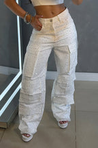 Womens Hot Diamond Splicing Multi-pocket Casual Pants