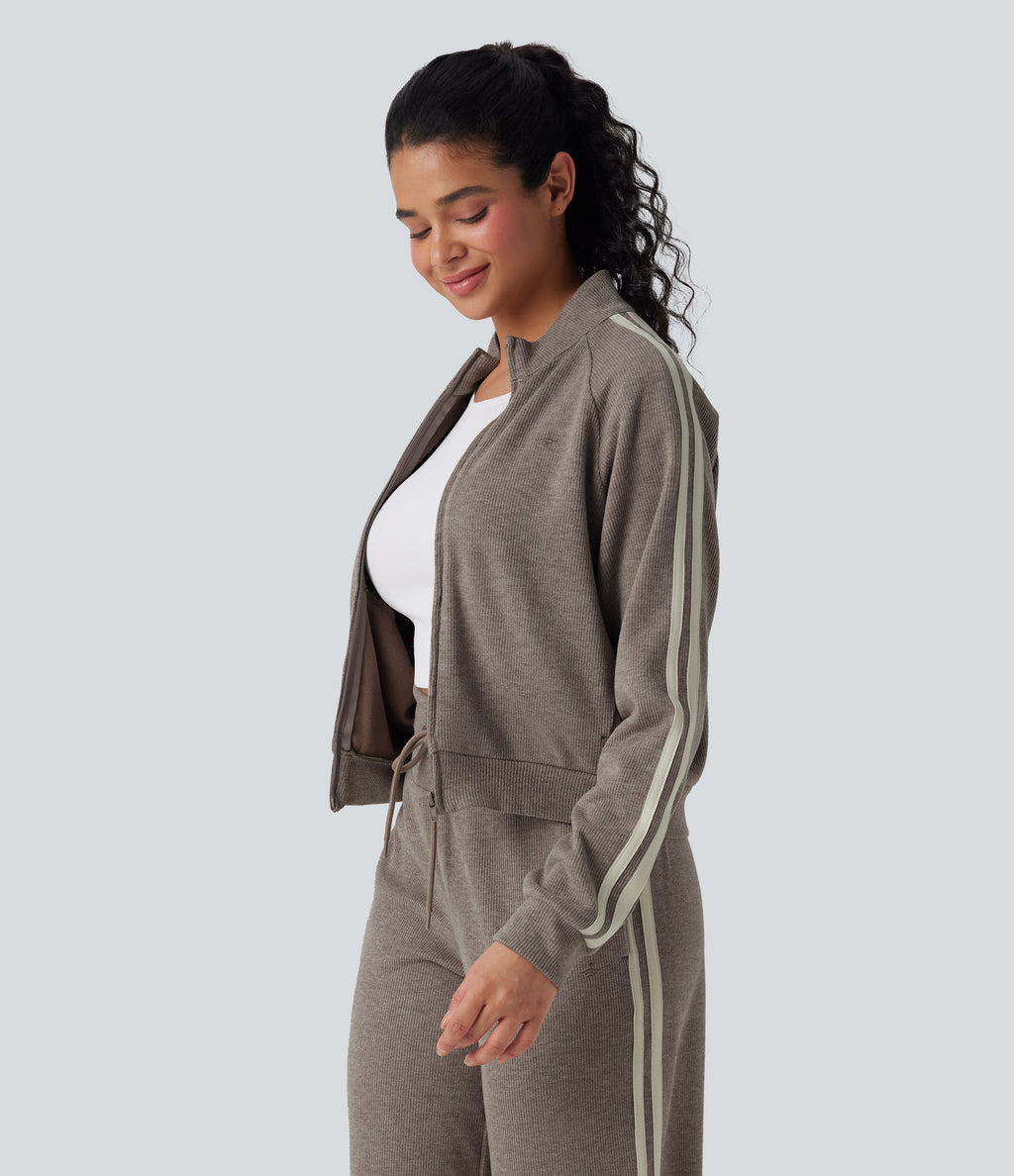 Ribbed Stand Collar Long Sleeve Zipper Color Block Casual Jacket with Pockets