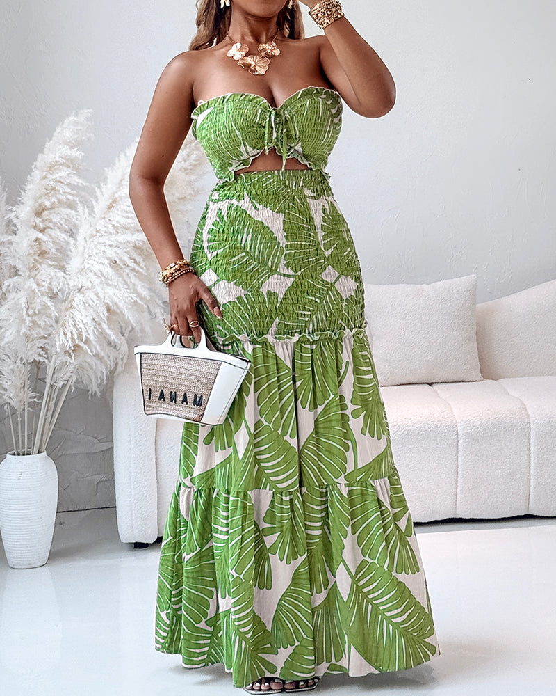 Tropical Print Halter Tie Shirred Frill Trim Cinched Waist Vacation Dress Ruched Cutout Front Slim Fit Ruffle Hem Mermaid Dress