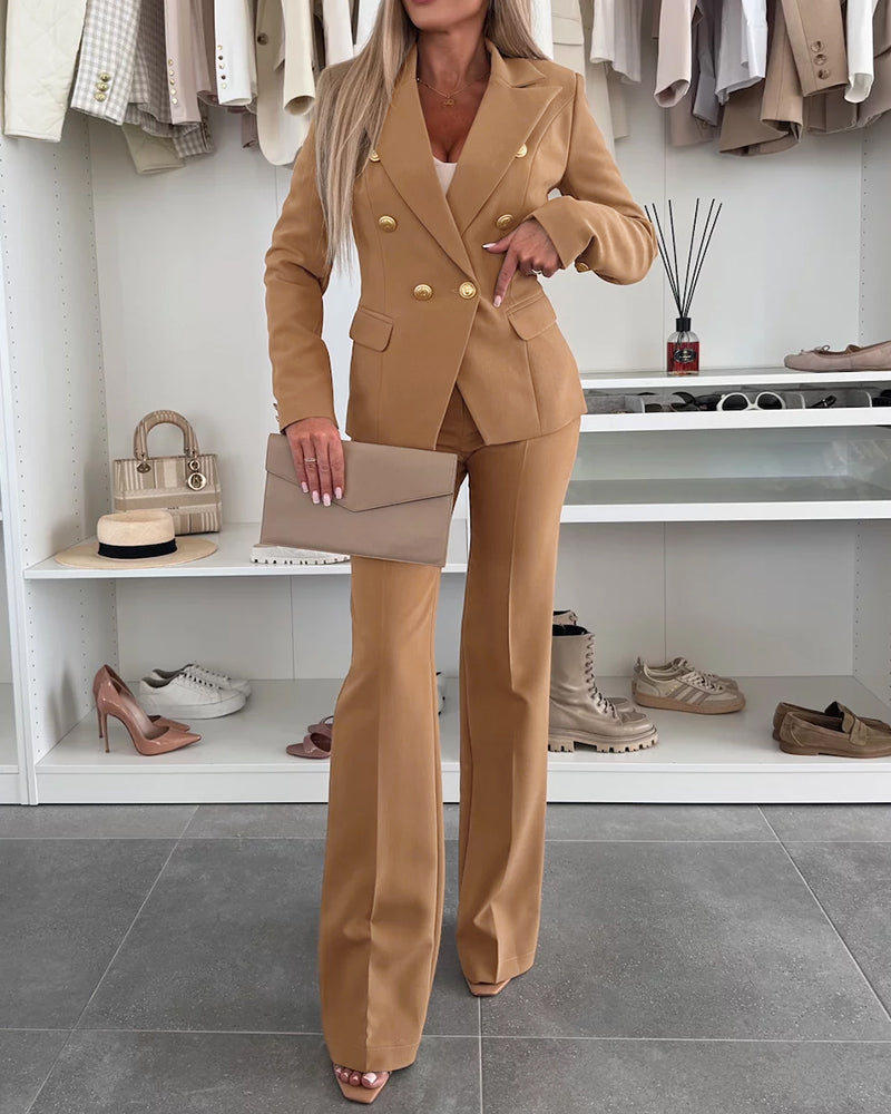 2 Pieces Outfit Notched Collar Double-Breasted Flap Detail Coat and Zipper Fly Elastic Back Waist Slim Fit Flared Pants Set Casual Blazer Set