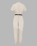 Turn-down Collar Short Sleeve Zipper Front Cuffed Short Jumpsuit Casual Pocket Design Cargo Romper with Belt
