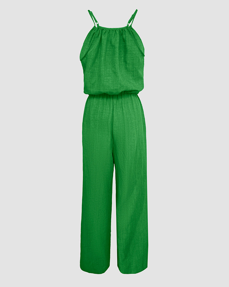 Womens Spaghetti Strap Drawstring Tied Waist Jumpsuit Casual Overalls