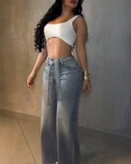 Allover Rhinestone Decor High Waist Zipper Fly Jeans Casual Flared Denim Pants with Rhinestone Decor Belt