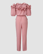 Frill Trim Off Shoulder Short Sleeve Tie Waist Overalls Casual Textured Jumpsuit