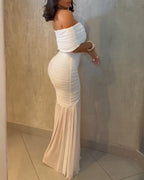 Foldover Off Shoulder Ruched Cinched Waist Minimalist Evening Dress Slim Fit Mermaid Hem Party Dress