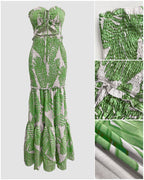 Tropical Print Halter Tie Shirred Frill Trim Cinched Waist Vacation Dress Ruched Cutout Front Slim Fit Ruffle Hem Mermaid Dress