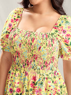 Shirred Floral Print Pockets Maxi Dress