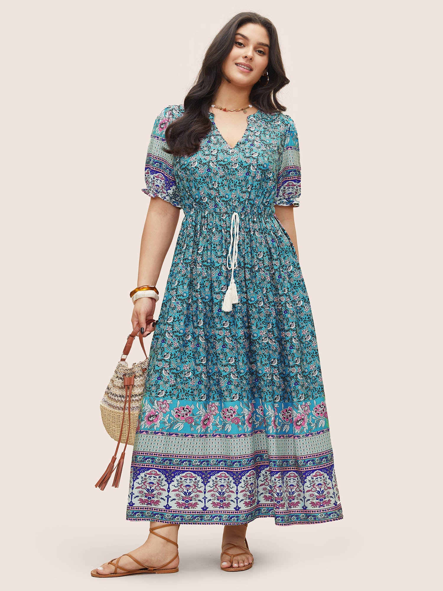 Boho Print Notched Ties Tassel Trim Dress