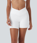 SoftlyZeroTM High Waisted Crossover Contrast Mesh Yoga Biker Shorts 5'' with Pocket-UPF50+