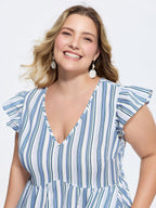 Linen Blend Nautical Striped Print Ruffled Mini Dress
