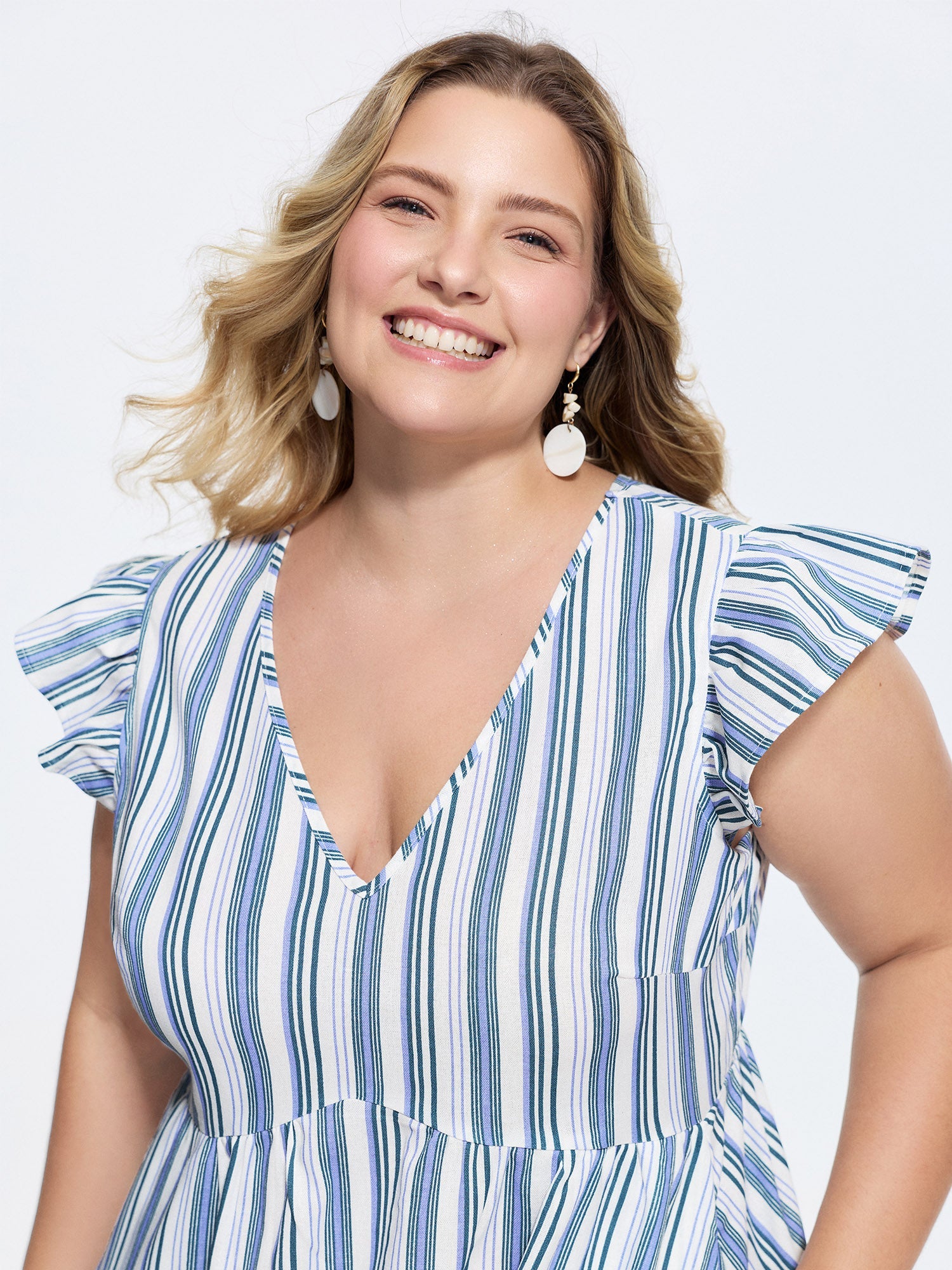 Linen Blend Nautical Striped Print Ruffled Mini Dress