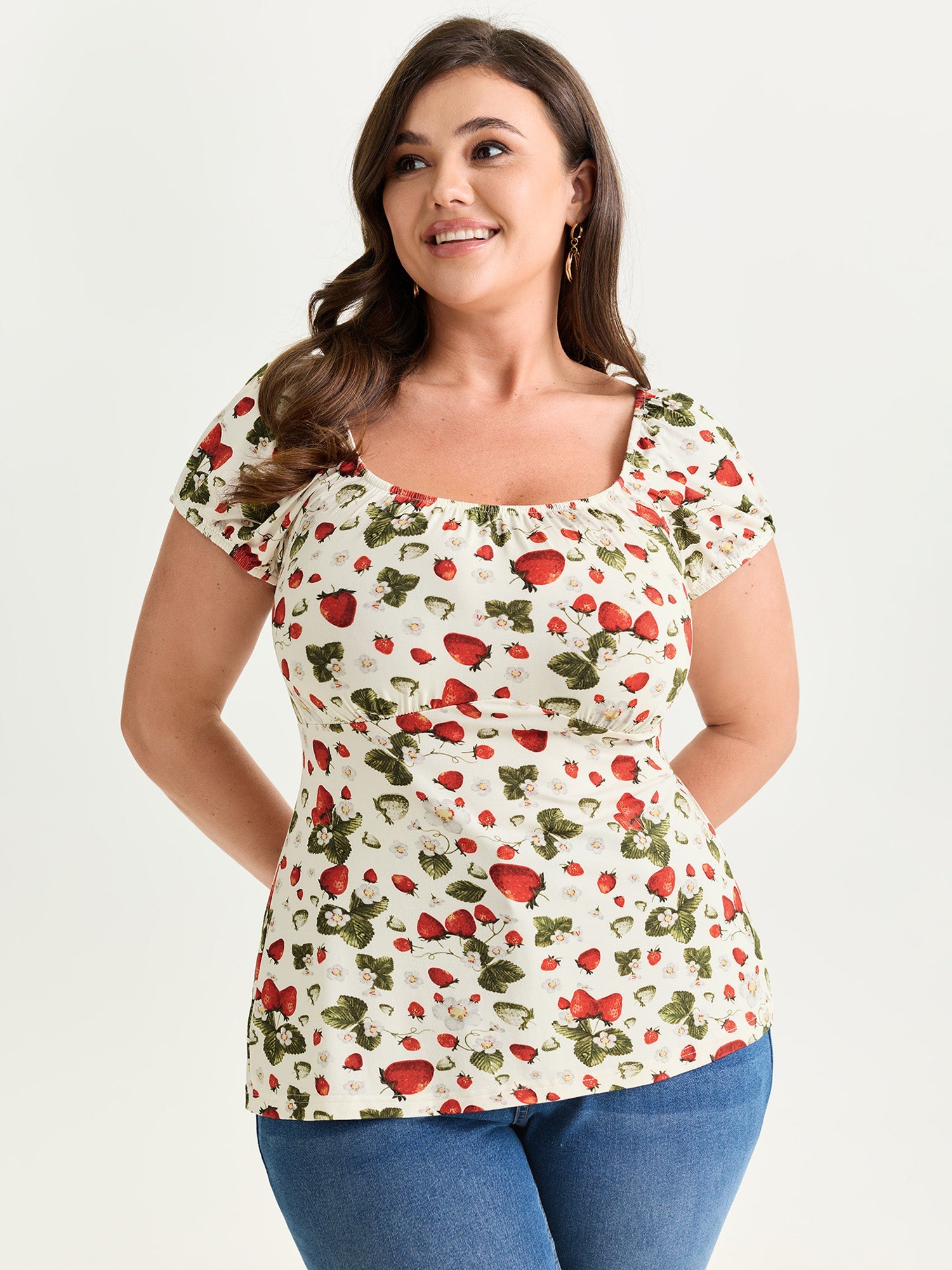 Garden Strawberry Print Stretchy Knit Top