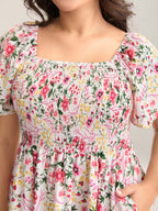 Floral Shirred Square Neck Pocket Midi Dress