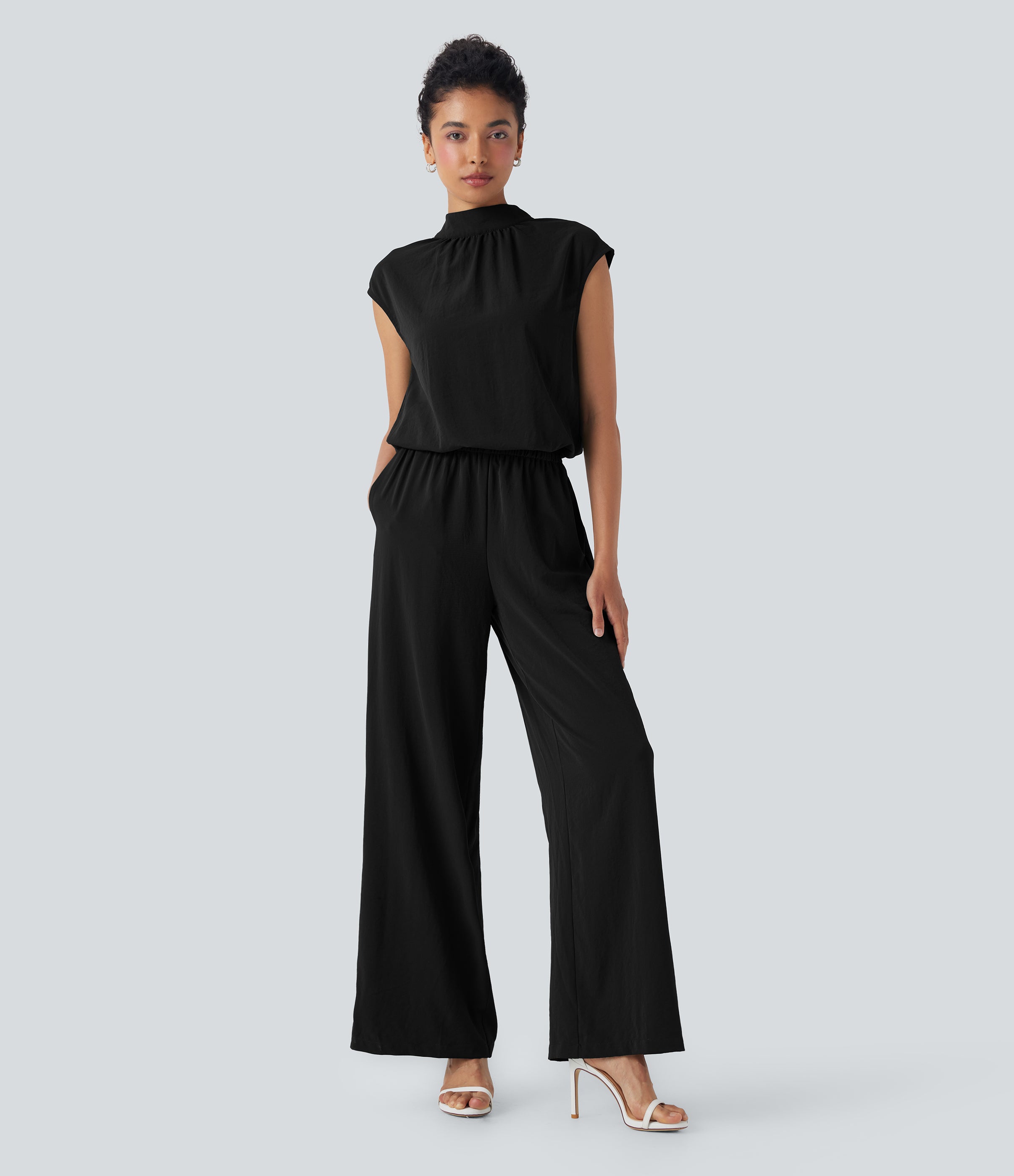 Mock Neck Keyhole Back Cap Sleeve Wide Leg Work Jumpsuit with Pockets