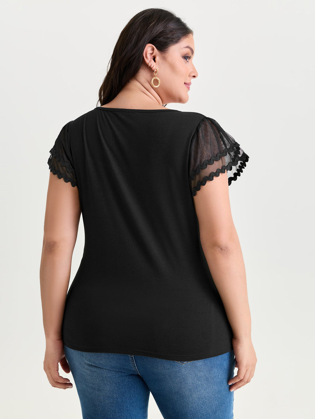 Sheer Ruffled Sleeve Square Neck Knit Top