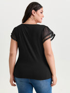 Sheer Ruffled Sleeve Square Neck Knit Top