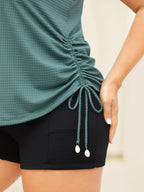 Textured Side Drawstrings U-Neck Swim Top