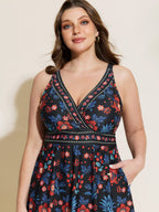 Floral Surplice Neckline Pockets Swim Dress