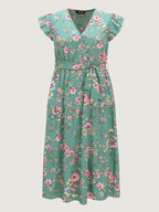 Playful Floral Print Flutter Sleeve Maxi Dress
