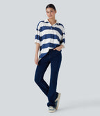 Polo Neck Dropped Shoulder Colorblock Stripe Oversize Casual T-Shirt
