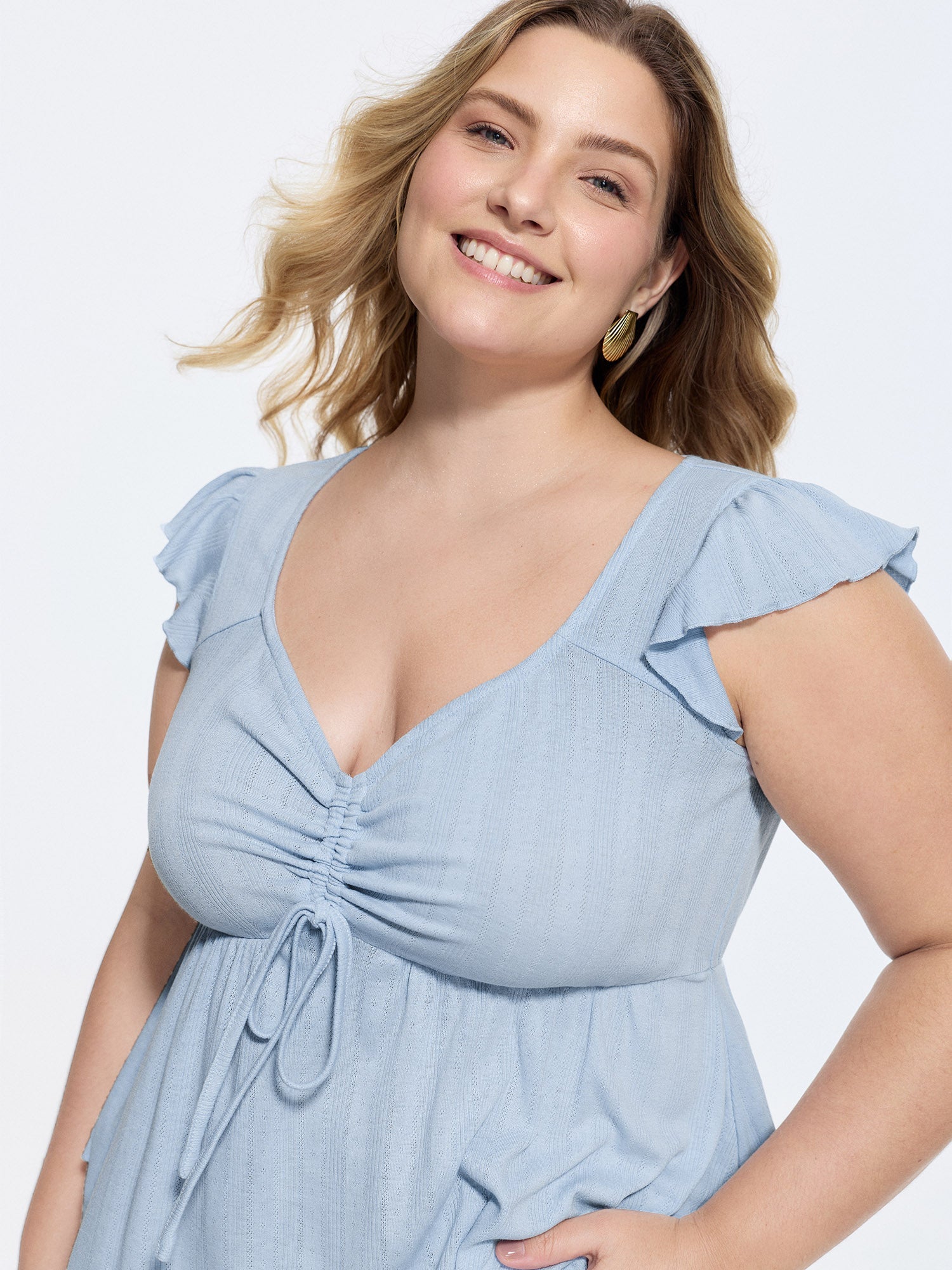 Supersoft Ruched Sweetheart Neckline Ruffled Sleeve Top