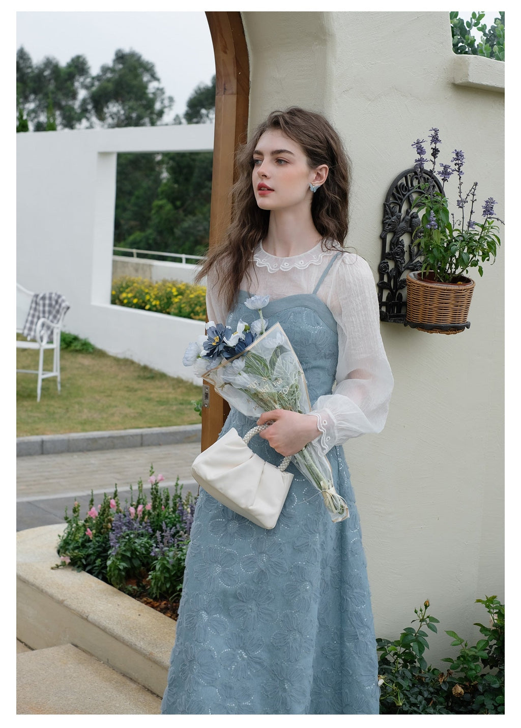 Sheer Chiffon Bottom Top + Floral Denim Pinafore Dress