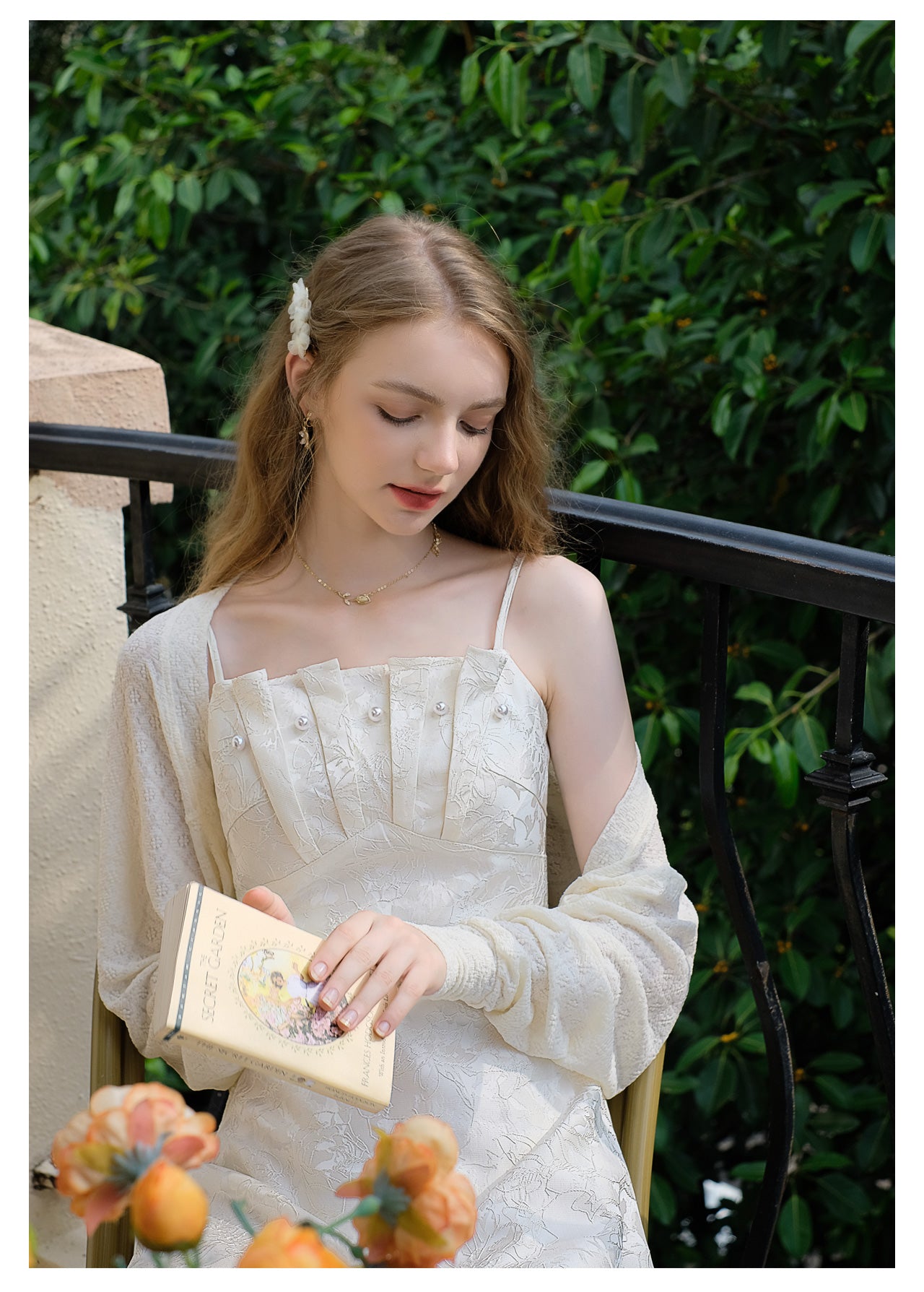 Elegant Pearl Shell Jacquard Dress + Fairy Cardigan