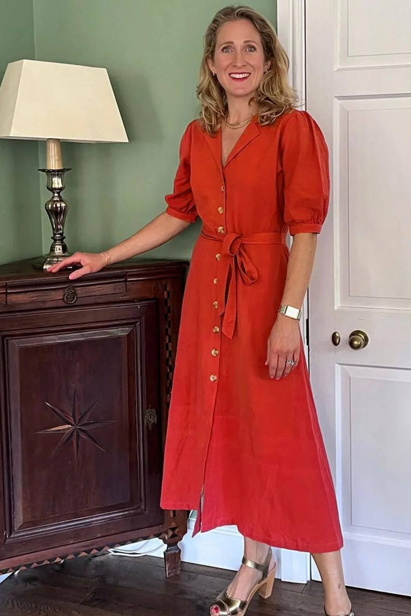 Michelle - Short Sleeve Shirt Dress - Red/Orange