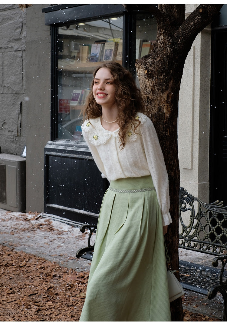 Fluffy Lace Blouse + High Waist Pleated Skirt