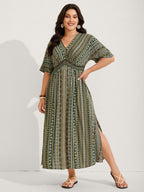 Striped Contrast Dolman Sleeve Shirred Pocket Split Flutter Dress
