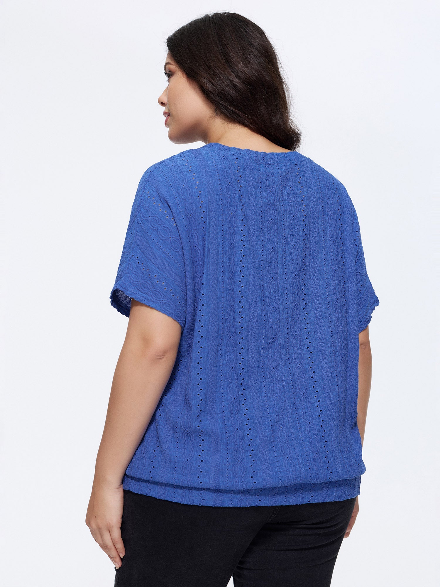 Eyelet Trim Stretchy Textured Plain Top