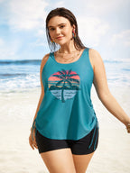 Island Print Drawstring Adjustable Swim Top
