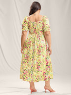 Shirred Floral Print Pockets Maxi Dress
