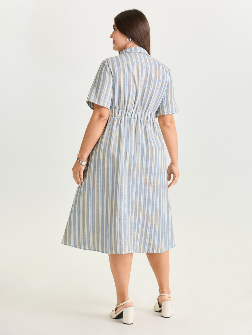 Cotton Linen Blend Striped Print Midi Dress