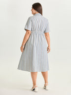 Cotton Linen Blend Striped Print Midi Dress