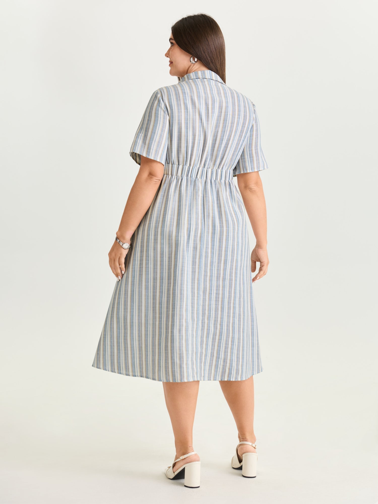 Cotton Linen Blend Striped Print Midi Dress