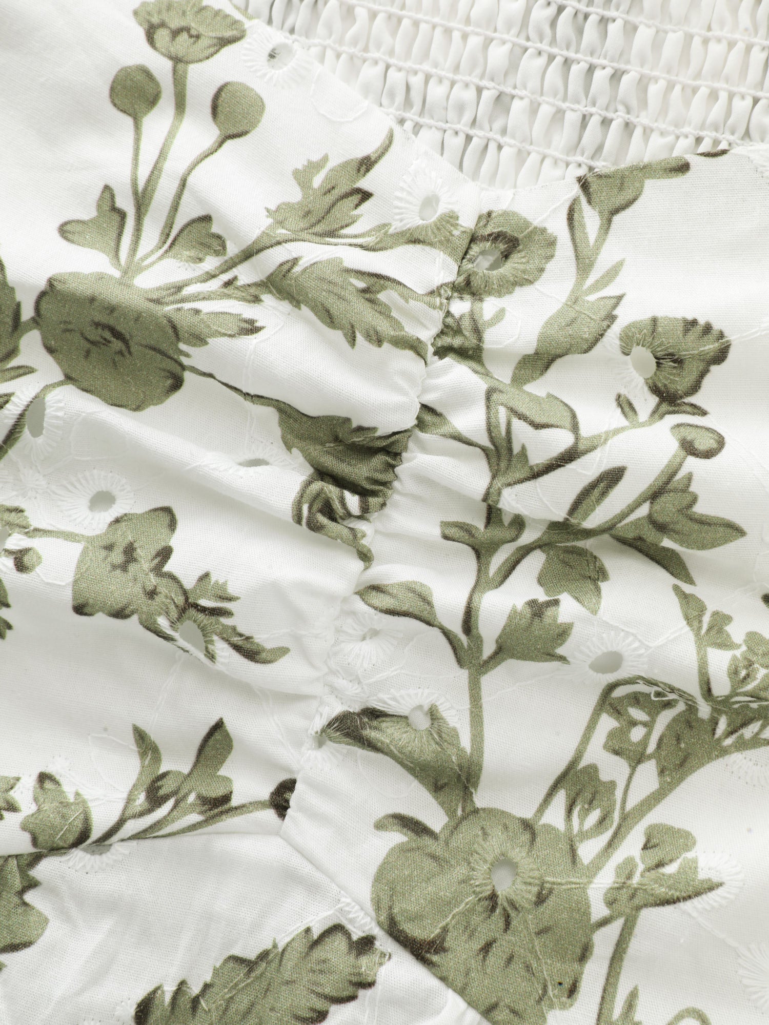 Cotton Floral Print Ruched Bubble Sleeve Blouse