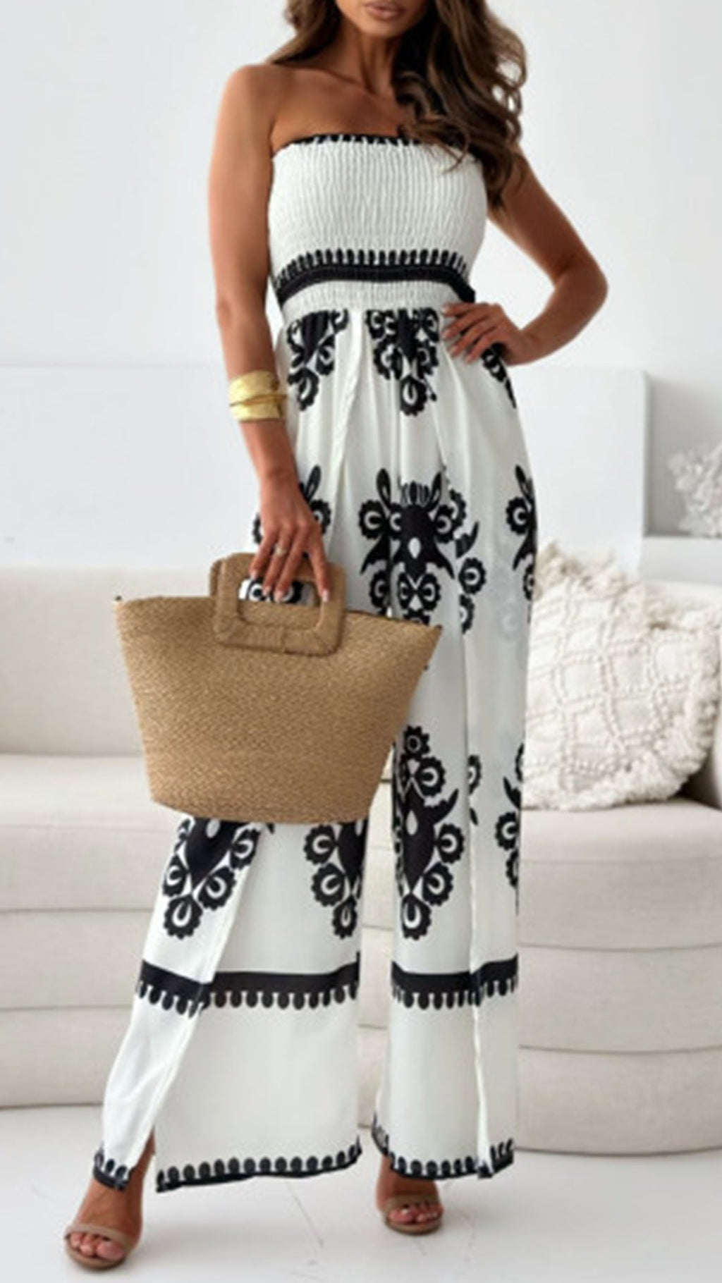 Women's White Jumpsuit Plus Size Tube Top Printed Jumpsuit
