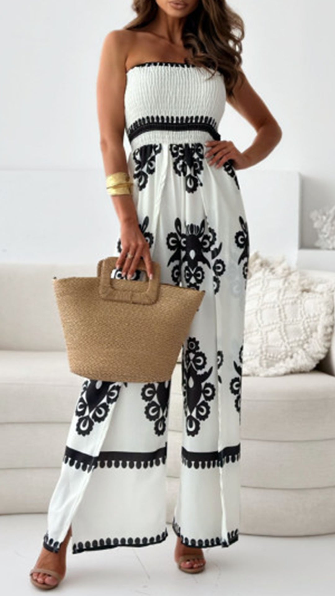 Women's White Jumpsuit Plus Size Tube Top Printed Jumpsuit