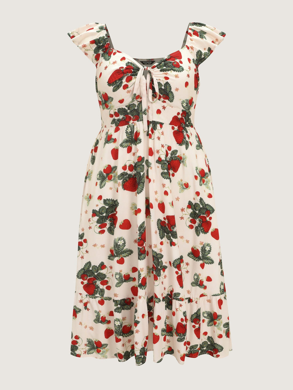 Strawberry Print Ruched Adjustable Bodice Midi Dress