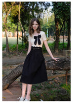 Elegant Bow Knitted T Shirt + Black A Skirt