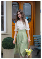 Embroidered Chiffon Shirt + High Waist Pinafore Skirt