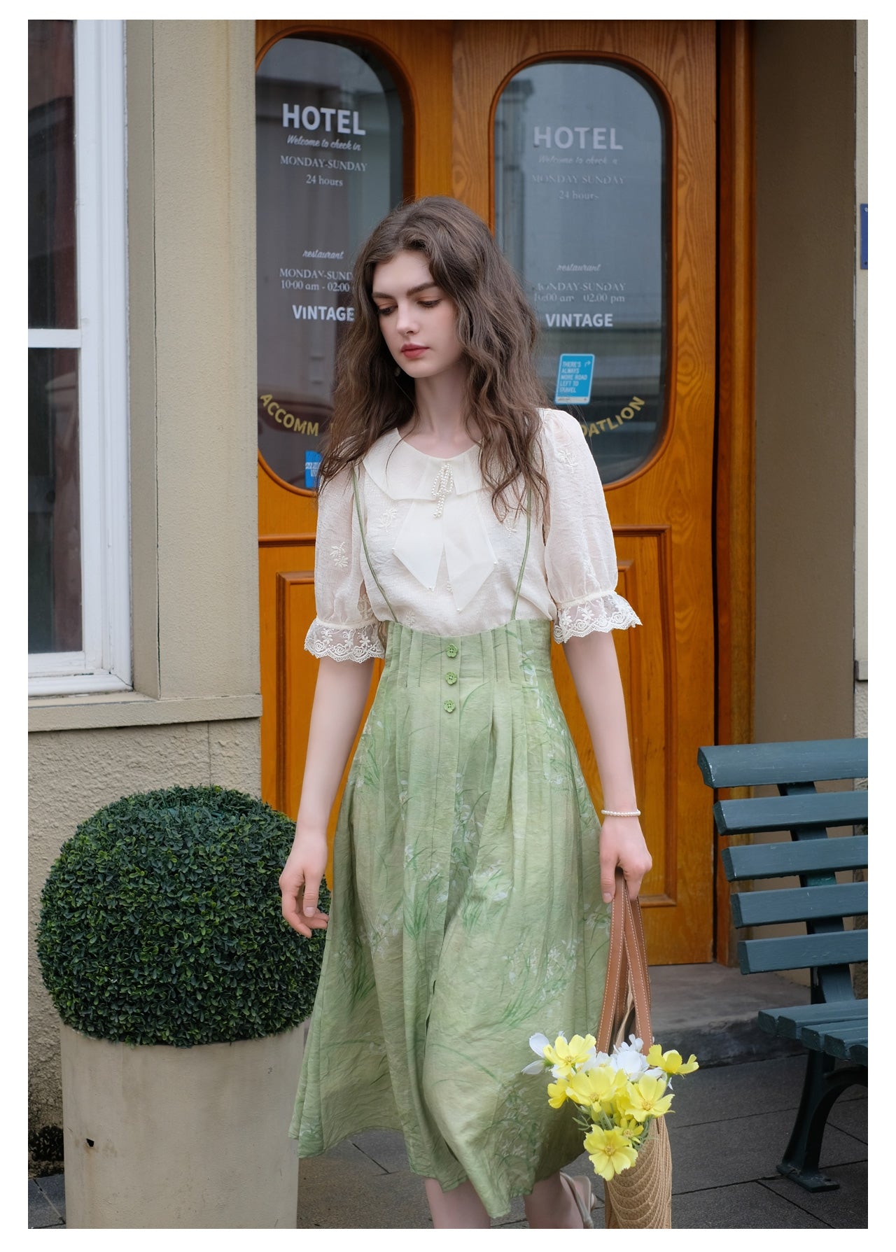 Embroidered Chiffon Shirt + High Waist Pinafore Skirt