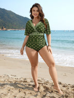 Boho Print Mesh Ruched Crisscross One-Piece Swimsuit