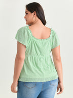 Flocked Floral Drawstring Neckline Knit Top